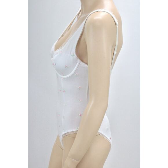 Vintage Victorias Secret Teddy Small 34B White Cotton Embroidered Pink Rose Buds - Picture 2 of 10